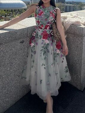 JESSAKAE GEORGINA DRESS: Floral Embroidered Tea-Length Dress in White and Pink